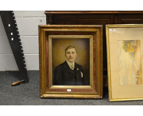 English School (early 20th century)Portrait of a gentleman, in a stripped suitoverpainted print, gilt frame c 1910