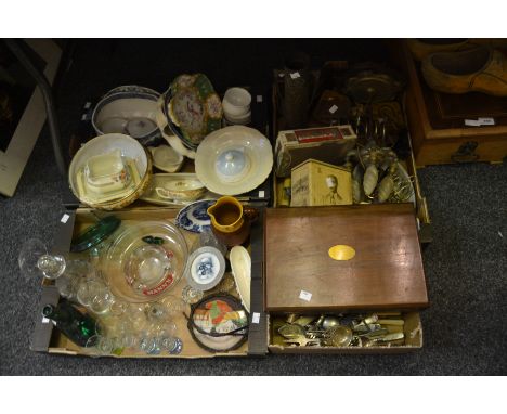 Household Goods - flatware; tins; trench art; Breweryana; pressed glass decanter; ceramics;  etc (4 boxes)