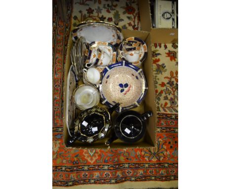 Ceramics- a Jackfield teapot; another; a Staffordshire part tea service in the Imari palette (1 box)