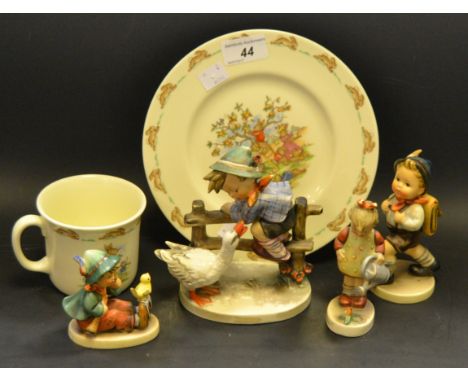 A Goebel figure, siged MJ Hummel, School Boy,;  others, Sing, Goose Boy;  etc;  a Bunnykins mug and plate (6)