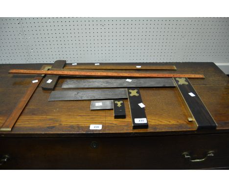 Tools -  Victorian ebony and brass set squares; rulers; etc