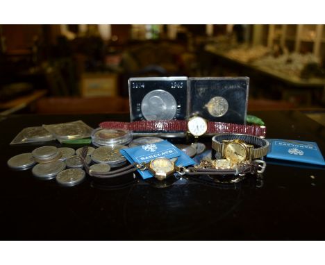 Coins and Watches - an Isle of Man £1 coin ; commemorative Crowns; Timex watches; a Lady's cocktail watch;  etc 