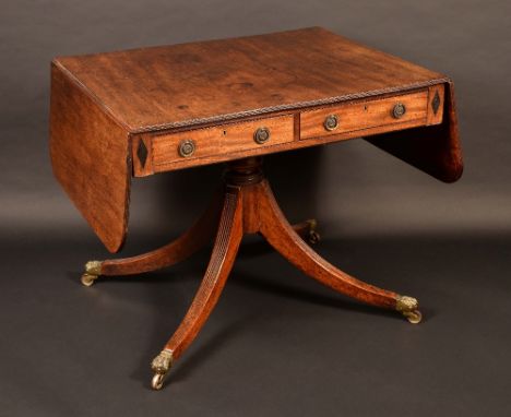 A Regency mahogany sofa table, rounded rectangular top, two short drawers to frieze, brass loop handles, two blind drawers to