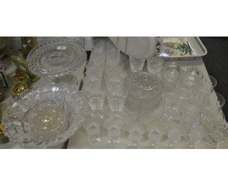 Glassware - an early 20th century decanter; pressed glass cake stand; fruit bowl; cut glass wine glasses;  etc qty 