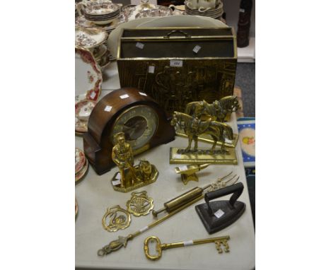 An oak Westminster chime mantel clock, presentation plaque; a brass magazine rack a brass figural group modelled as a Policem