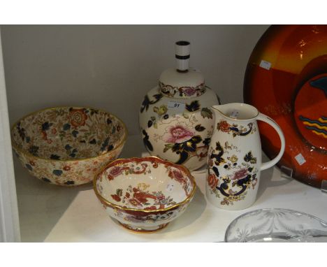 A Masons Blue Mandalay pattern jug; table lamp; a Masons Red Mandalay pattern bowl; a Masons Bittersweet pattern bowl (4)