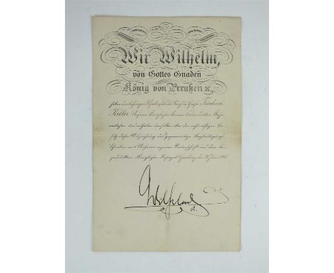 Certificate signed by Wilhelm II, German Emperor (1859-1941) a military commendation awarded to Friedrich Heller - dated June