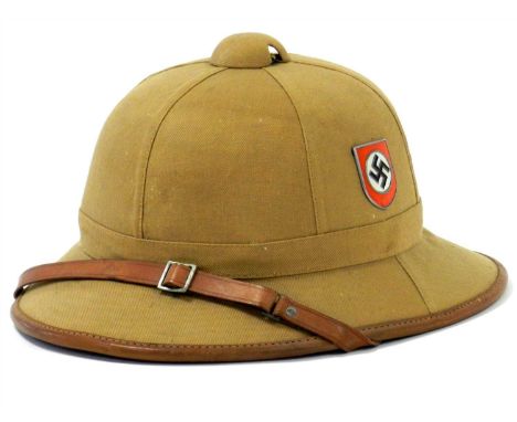 A German Third Reich tan pith helmet by C. Pose, Berlin - with added reproduction SS decals, dated 1940, size 56, with a brow