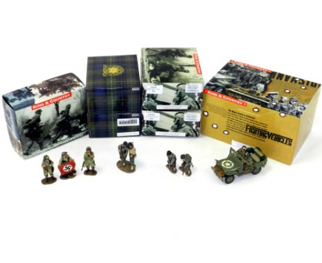 King &amp; Country D-Day boxed figure sets: DD73 The Souvenir Hunters, US Army Patrol Jeep and crew, DD096 “Over There!” Serg
