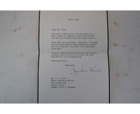 KENNEDY, Jacqueline (1929-1994) First Lady. Typed letter signed. A charming letter sent to Tony Dale, Public Relation Officer