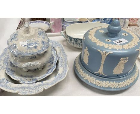 A Victorian light blue jasperware Stilton dish and cover &amp; other decorative 19th century china; a set of 6 Harrods tea pl