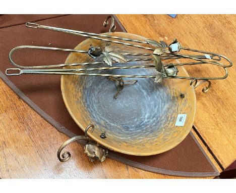 A 1930's gilt metal centre light with floral mounts and orange and grey spatter glass bowl