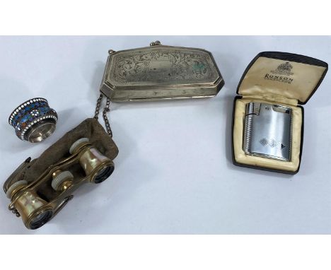 A Russian miniature cup in silver and enamel by August W Holmström; an evening purse; a pair of opera glasses 