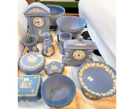 A selection of Wedgwood light blue Jasperware:&nbsp; 2 clocks; bowls; vases; etc. 
