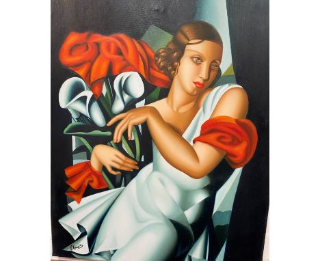 P Evans:&nbsp; Portrait of a woman in the manner of Temara de Lempicka, oil on canvas, signed, 60 x 50 cm, framed 