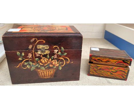 A stained and painted playing card box; a similar stamp box. 