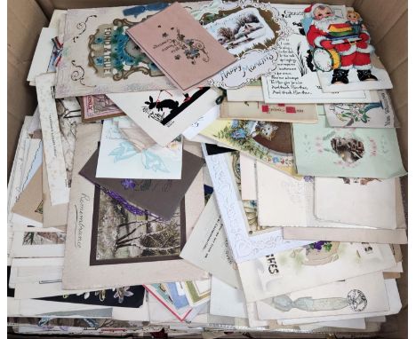 A large selection of vintage greetings cards, some silks etc 