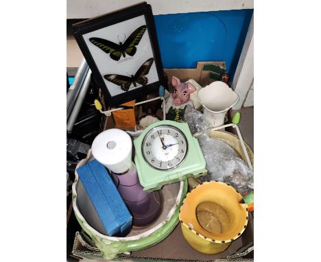 A selection of pottery including Art Deco jug; Victorian jardiniere, Wade pig, LLadro angel etc; a 1930's mantle clock and a 