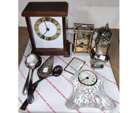 A modern carriage clock (a.f.); 3 other clocks; a silver plated sugar sifter; 4 servers 