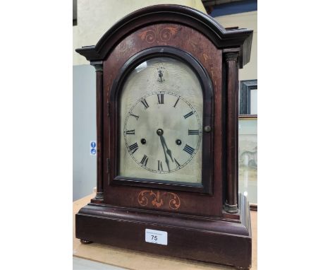 An early 20th century mahogany mantel clock, 8 day striking movement, inlaid decoration to case, 42cm height 