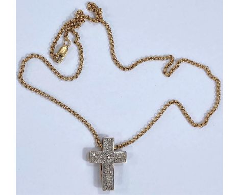 A yellow and white metal cross pendant, stamped '9K 0.26', on yellow metal belcher chain, stamped '375', 7.4 gm 