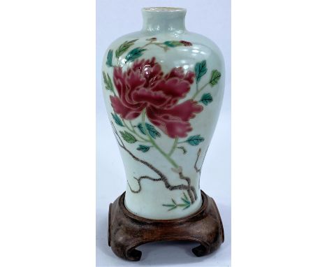 A Chinese porcelain Meiping vase with enamel floral decoration, 17cm, double ring mark to base, hardwood stand (minor wear to