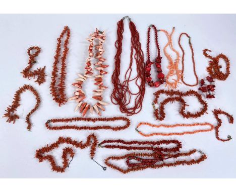 A selection of vintage coral necklaces including one' shark tooth' style 