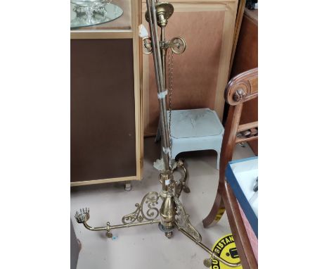 An ornate 19th century brass 3 branch centre light with counterweight rise and fall mechanism (converted from gas) 