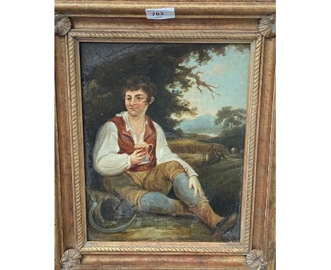 A 19th century school farm worker resting with a pint of ale, oil on board, unsigned; a framed print 