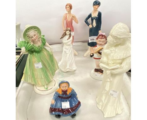 Two Goebel Art Deco female figures; a Royal Doulton figure; a Royal Worcester figure; 2 others 