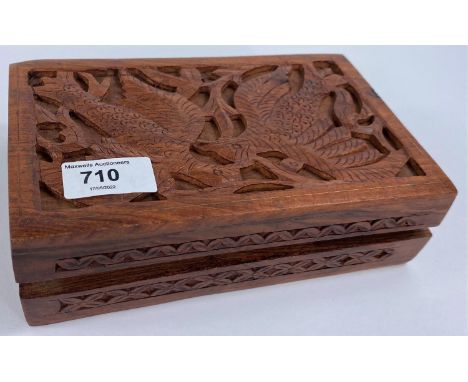 A selection of vintage costume jewellery in carved wood box - includes a netsuke in the form of a rat 