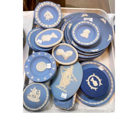 A selection of Wedgwood light blue Jasperware:&nbsp; plates; small dishes; plaques; etc. 