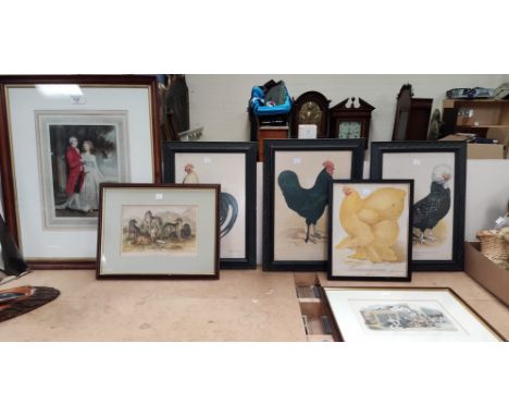An 18th century style coloured print, courting couple, 2 colour prints of dogs and 3 prints of fighting cocks 