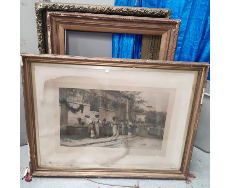 3 large 19th century picture frames and a large 19th century monochrome print "Fountain of Diana" 