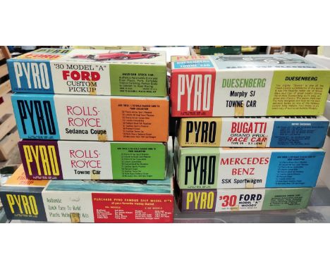 8 Pyro boxed vintage plastic model kits 7 1/32 scale cars and one ship 