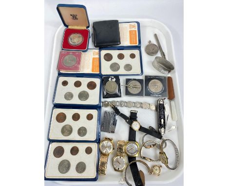 A ladies 9 carat hallmarked gold wristwatch on expanding strap; a selection of vintage watches; commemorative coins; etc. 