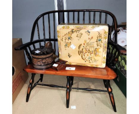 A doll's Windsor type settee with stick back; a doll's chair by Merrythought; a lacquered box and collectables 