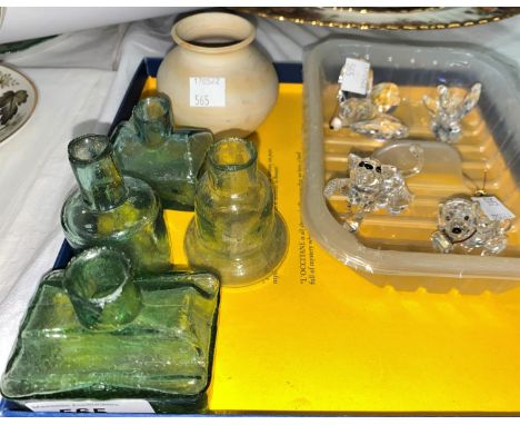 Four Swarovski glass animals, vintage ink bottles etc