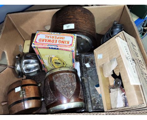 A chiming mantel clock; 5 student microscopes; an oak biscuit barrel; collectables 