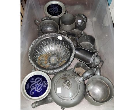 A selection of silver plate and pewter including an 18th century inkwell, 2 silver back hairbrushes etc 
