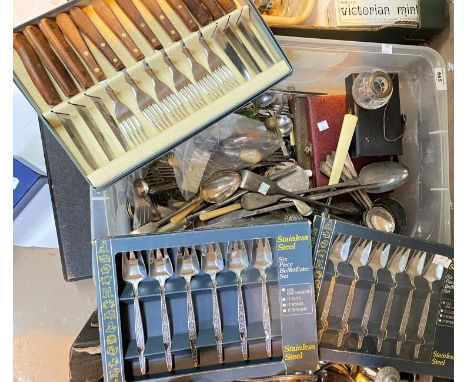 A&nbsp;selection of silver plated cutlery:&nbsp; a soup ladle; 19th century meat skewers; etc 