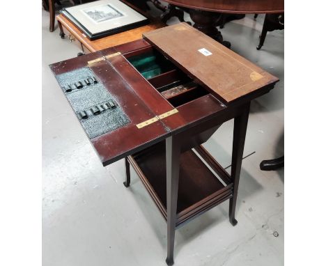 An inlaid mahogany sewing box table with shelf below 