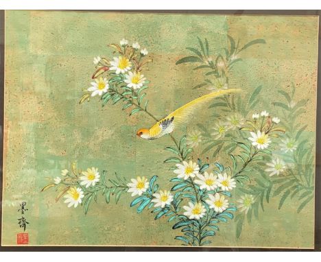 Chinese/Japanese School:&nbsp; Exotic bird on flowering shrub, watercolour on sectional cork panel, with red seal mark and ch