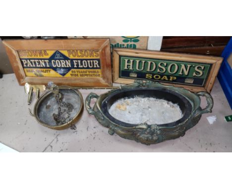 A metal jardiniere; a pair of brass scales and two framed advertising prints 
