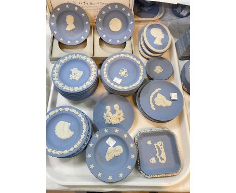 A selection of Wedgwood light blue Jasperware:&nbsp; commemorative plaques; dishes; etc. 