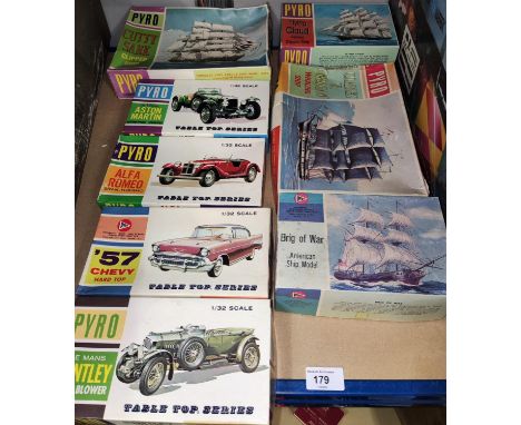 8 Pyro boxed vintage plastic model kits 4 1/32 scale cars and four sailing ships 