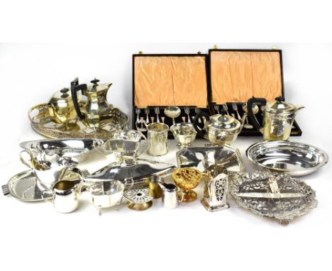 A quantity of plated ware to include tea and coffee service, galleried tray, salvers, sectioned tray, jugs etc.