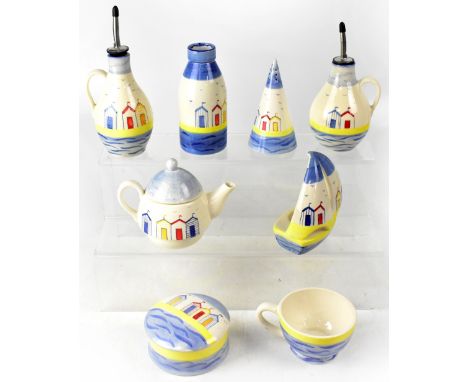 STUDIO POOLE: a group of ceramics in the 'Beach Huts' pattern to include small teapot, a mustard pot holder in the form of a 