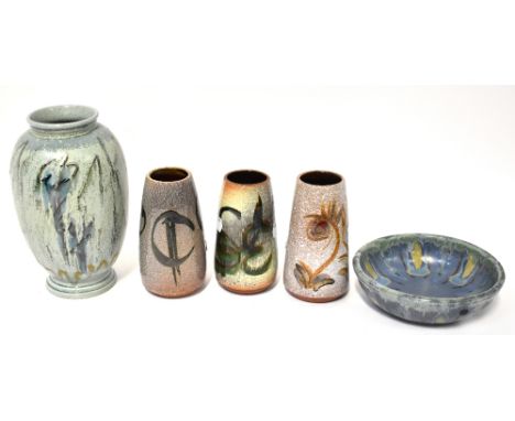 POOLE; three cylindrical stoneware vases each with vary-colour drip glaze and abstract design, various initials to the base t