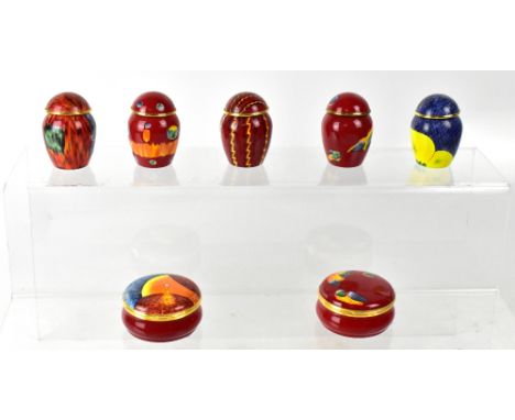 POOLE; a group of seven pieces by Crummles English Enamels various shaped enamel pots to include cylindrical examples, design